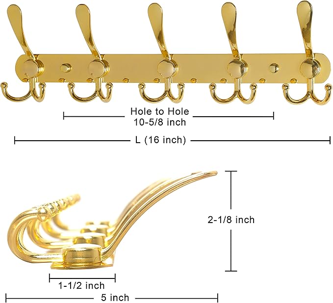 Dseap Coat Rack Wall Mounted - 5 Tri Hooks, Heavy Duty, Stainless Steel, Metal Coat Hook Rail for Coat Hat Towel Purse Robes Mudroom Bathroom Entryway,Gold-NeatNest