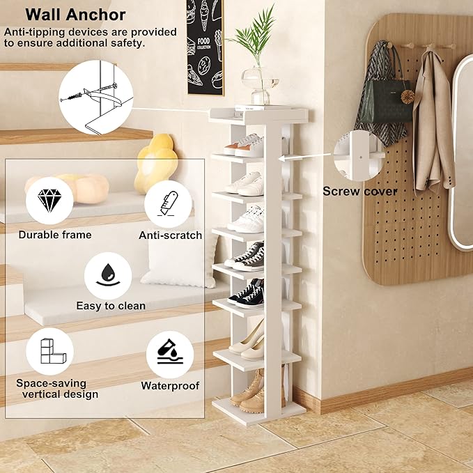 HOMEFORT 7-Tier Wood Shoe Rack, Entryway Shoe Tower,Vertical Shoe Organizer, Wooden Shoe Storage Stand, White-NeatNest
