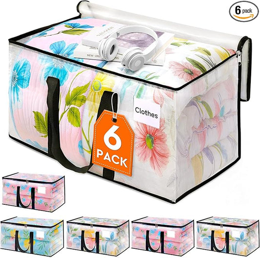 HomeHacks Clear Moving Bags Heavy Duty 6 Pack, Storage Bags with Zipper, Extra Thick Handles & Waterproof Packing Boxes for Moving, Camping, Home Organization 76L/20Gal (28.7"x11.8"x13.8")-NeatNest
