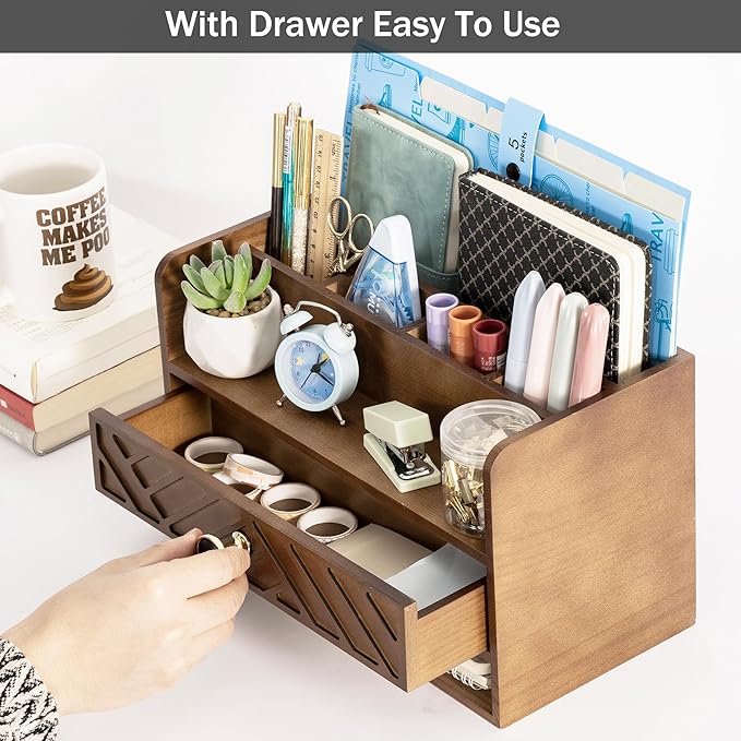 Brown Wood Desk Organizer and Accessories with Drawer, Bill Mail Organizer and File Mail Holder for Office Supplies, Desk Accessories & Workspace Organizers-NeatNest
