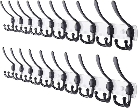 Dseap Coat Rack Wall Mount - 38” Long 10-Tri-Hooks Heavy Duty Coat Hanger Rail Wall Hooks for Hanging Coats Hats Clothing Clothes Purse Mudroom Entryway, White/Black, Pack of 2-NeatNest