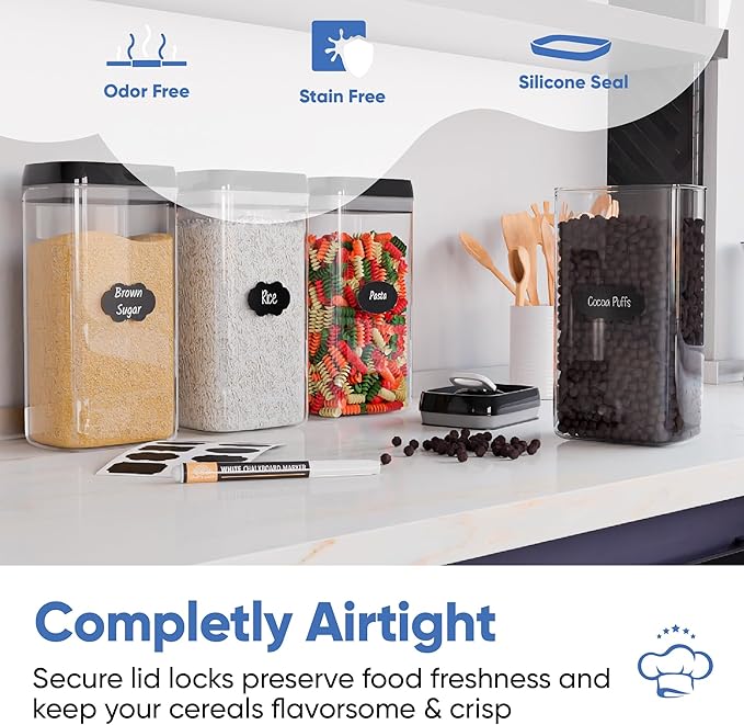 Chef's Path Airtight Food Storage Boxes with Labels - Kitchen Storage - Flour, Cereal, Pasta - Plastic Storage Boxes with Lids (4pcs-3.2L)-NeatNest