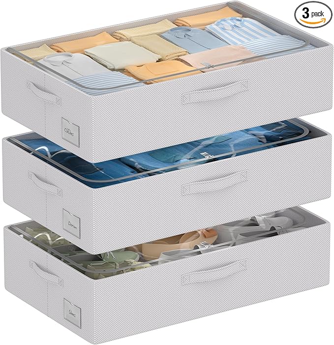 3Pcs Under Bed Storage Bins with Metal Frame - Shoe Organizer for Closet with Clear Cover Oxford Fabric Sturdy Underbed Container Foldable Stackable Clothes Organizer (Grey, 23.5x15.7x6.3)-NeatNest