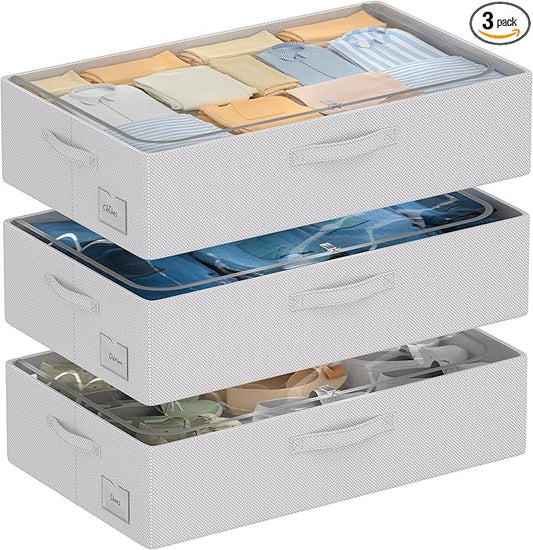 3Pcs Under Bed Storage Bins with Metal Frame - Shoe Organizer for Closet with Clear Cover Oxford Fabric Sturdy Underbed Container Foldable Stackable Clothes Organizer (Grey, 23.5x15.7x6.3)-NeatNest