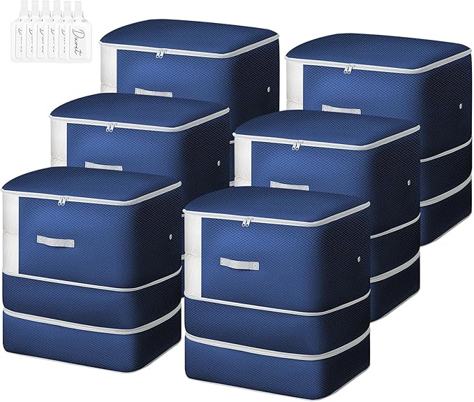 Comforter Storage Bag - 130L Blanket Storage Bags 3-Layer Ultra Space Saving Self Compression Organizer, Washable Compression Bags for Storage Comforter Blanket, 6-Pack, Navy Blue-NeatNest