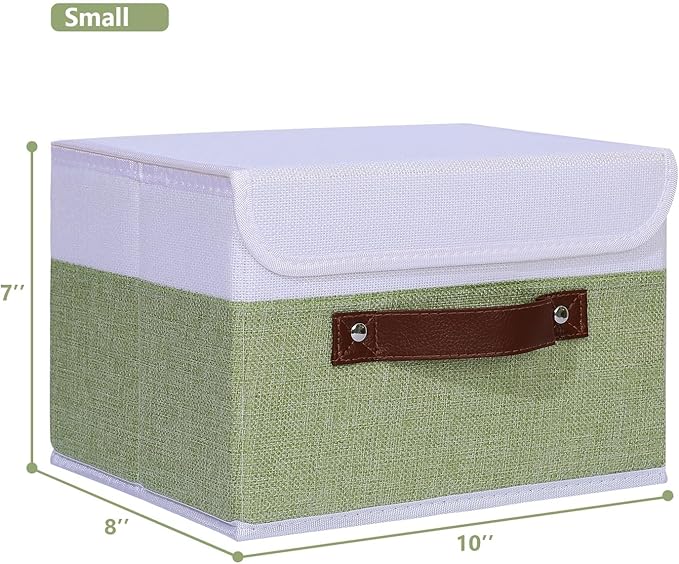 ANMINY 4PCS Storage Boxes with Lid Washable Decorative Storage Bins Basket with PU Leather Handle Foldable Linen Fabric Storage Cubes Containers for Home Closet Organizer - Green White, Small Size-NeatNest