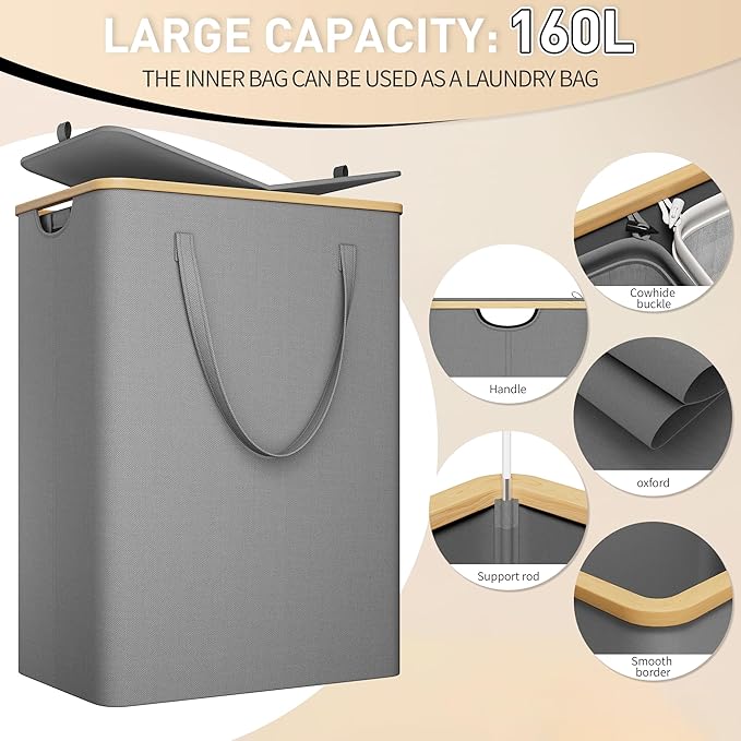 160L Double Laundry Hamper with Lid 2 Section, Large Bamboo Laundry Basket with 2 Removable Bags, Clothes Hampers for Laundry for Bedroom, Bathroom, Dorm, Laundry Room, Grey-NeatNest