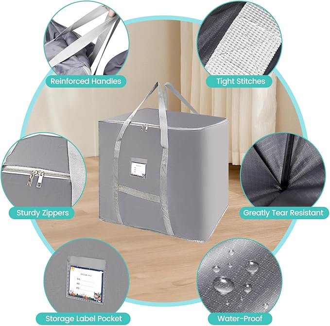3 Pack Heavy Duty Moving Bags, Large Tote Bags, Space Saving, for Storage & Moving, with Reinforced Handles & Sturdy Zippers (Grey)