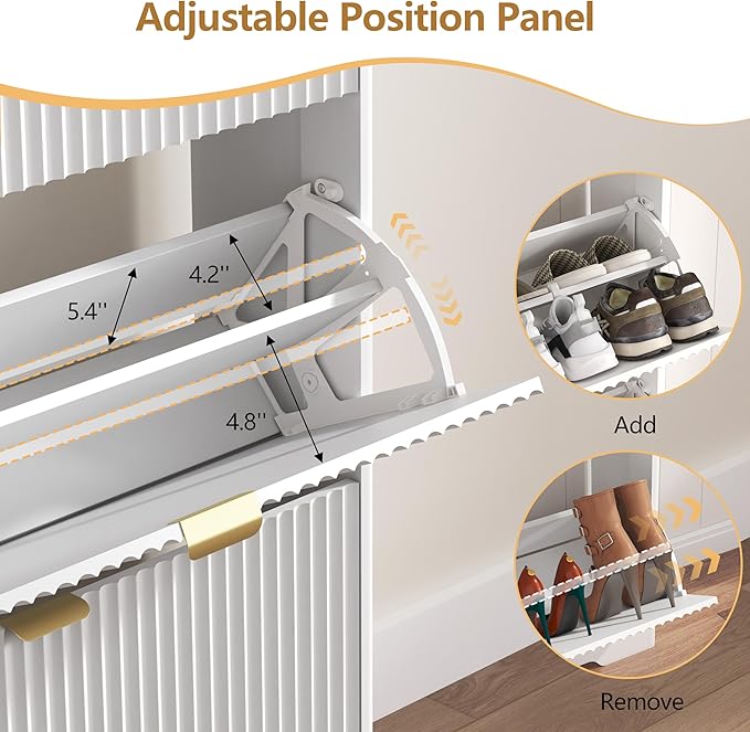 Shoe Cabinet Storage for Entryway with 4 Flip Drawers, White Fluted Shoe Cabinet with Bench, Wooden Hidden Shoe Rack Freestanding Narrow Slim Shoes Storage Organizer for Hallway, Entrance