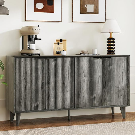 Fluted Cabinet with Storage, Buffet Sideborad with 4 Doors Kitchen Buffet Storage Accent Cabinet with Adjustable Shelves for Living Room, Entry, Hallway, Black&Grey