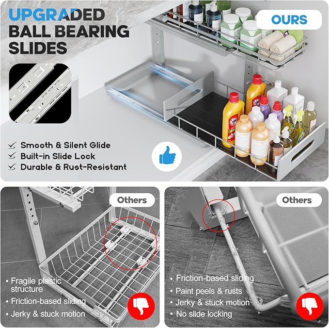 2 Pack 18 IN Depth Under Sink Organizer with Smooth Ball Bearing Slides,2-Tier Pull Out Cabinet Storage,Slide Out Drawers for Bathroom&Kitchen,Rust-resistant Coating,Height Adjustable-Gun Gray-NeatNest
