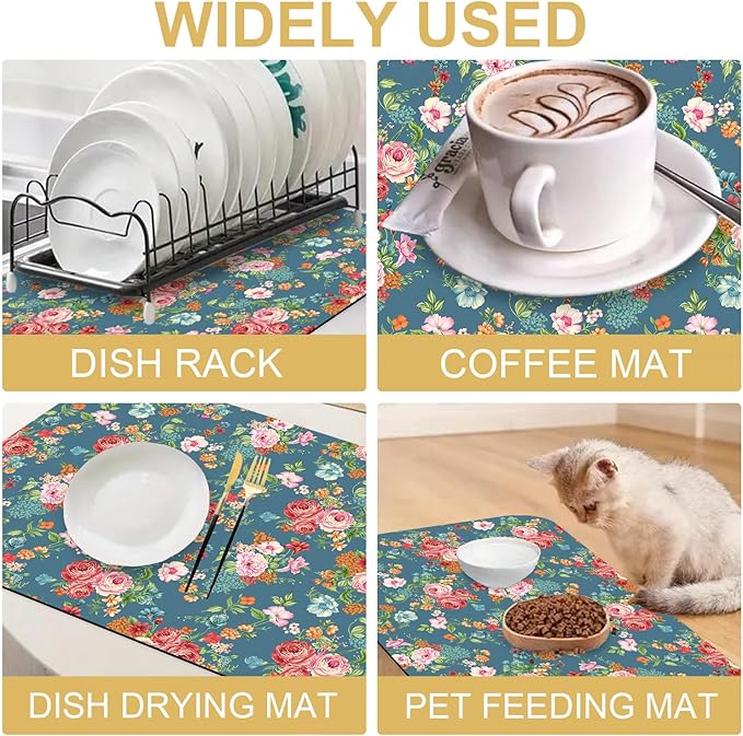 Boho Flowers Dish Drying Mats for Kitchen Counter Absorbent Fast Dry Dish Drainer Rack Mats for Dishes Utensils Pot and Pan, Kitchen Accessories 24"x16"-NeatNest