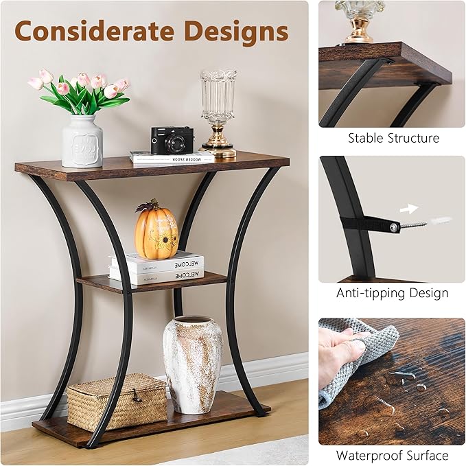 Hoctieon 3 Tier Console Table with Open Wood Shelves, Decorative Entryway Table with Curved Metal Frames, Narrow Sofa Table for Entrance, Living Room, Hallway, Rustic Brown+Black-NeatNest