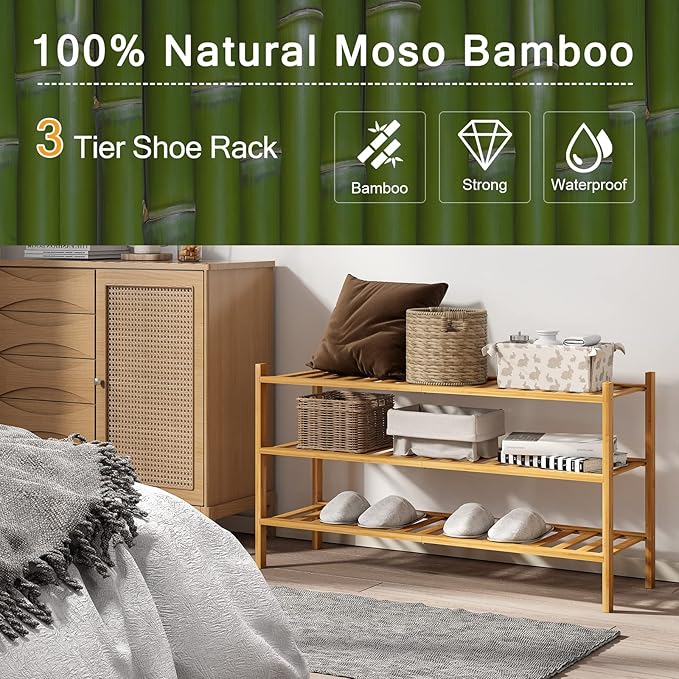 Long Shoe Rack, 3-Tier Bamboo Stackable Shoe Shelf Storage Organizer, Shoe Stand for Closet, Entryway and Hallway-NeatNest