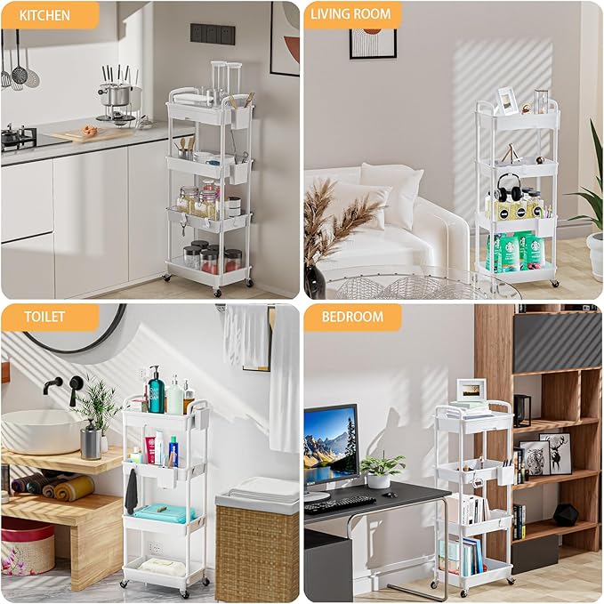 4 Tier Rolling Utility Cart with Drawer,REBECAT Utility Cart Made of Multifunctional Storage Organizer Tool for Kitchen,Bathroom,Living Room,Office(Gray)-NeatNest