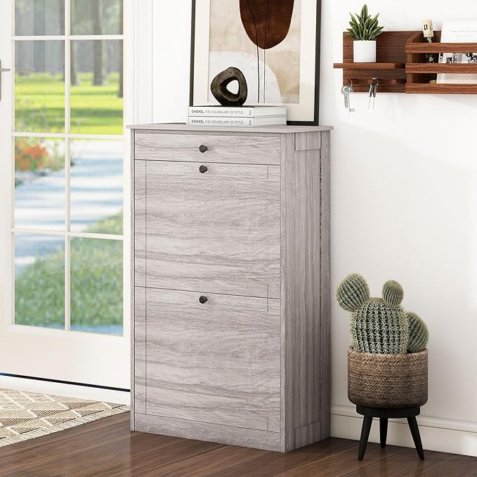 Shoe Storage Cabinet with 2 Flip Drawers, Narrow Freestanding Hidden Shoe Rack Cabinet, Pet-Proof Shoe Organizer for Closet, Entryway, Hallway, Wash Grey-NeatNest