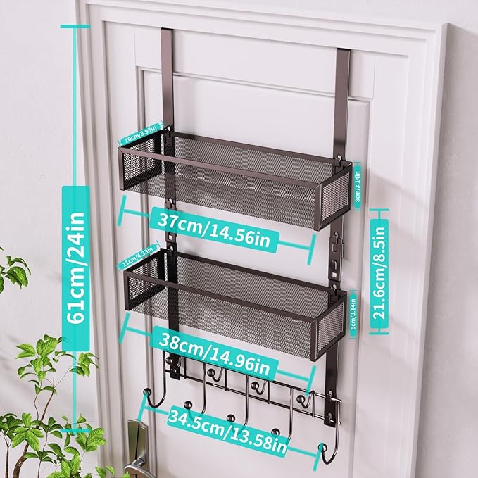 HapiRm Over The Door Hanger with Coat Hooks and 2 Baskets, Rustproof & Waterproof Over The Door Hooks, Storage Organizer for Hats, Bathroom, Kitchen, Bedroom - Bronze
