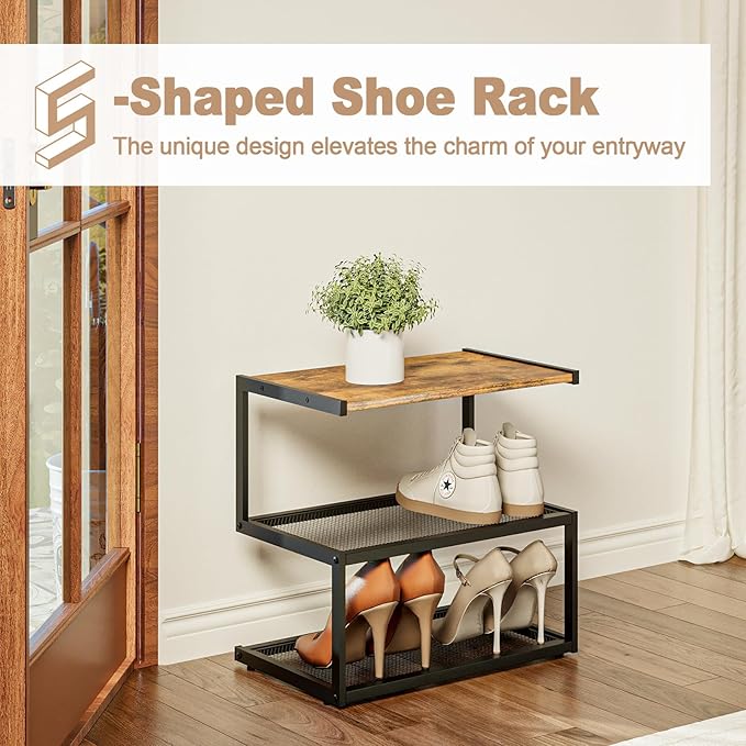 Shoe Rack, Unique 5-Shaped Free Standing Shoe Shelf, 3-Tier Wooden Shoe Organizer with Wooden Top and Steel Frame for Front Door Entrance, Entryway, Hallway, 16.54" D x 10.24" W x 16.14" H-NeatNest