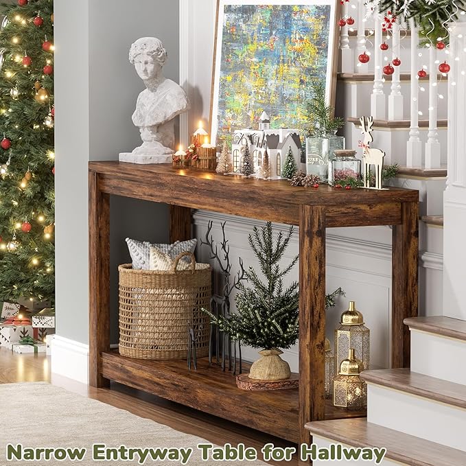 47" Farmhouse Wood Entryway Table Narrow Console Table with Storage Behind Couch Sofa Table with Shelves Entry Way Table with Open Storage, Easy Assembly, Rustic Brown-NeatNest
