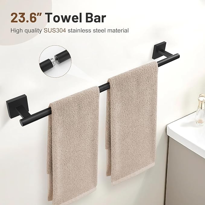 5 Pieces Bathroom Hardware Set Matte Black Towel Bar Set Includes 23.6” Towel Bar, Towel Ring Holder, Toilet Paper Holder and Two Towel Hooks, Bathroom Accessories Set SUS304 Wall Mounted