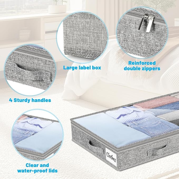 4 Inch Low Profile Under Bed Storage Drawer 2 Pack, Lightweight Underbed Clothes Storage Container Bins with NO STURCTURE, Shallow Storage Bag for Dorm & Home, With Clear Lids and Waterproof Fabric-NeatNest