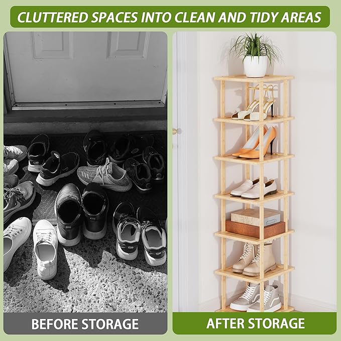 Vertical Tall Shoe Rack For Entryway - Tall 7 Tier Free Standing Slim Narrow Bamboo Wood Shoe Boots Storage Shelf Small Spaces For Garage Closet Doorway Garage Living Room Storage for Kitchen Bathroom-NeatNest