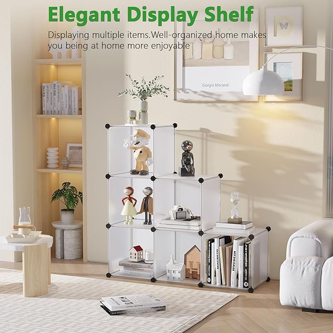 C&AHOME Cube Storage Organizer, 6-Cube Shelves Units, Closet Cabinet, DIY Plastic Modular Book Shelf, Ideal for Bedroom, Living Room, Office, 36.6" L x 12.4" W x 36.6" H Translucent White SBTM3506A-NeatNest