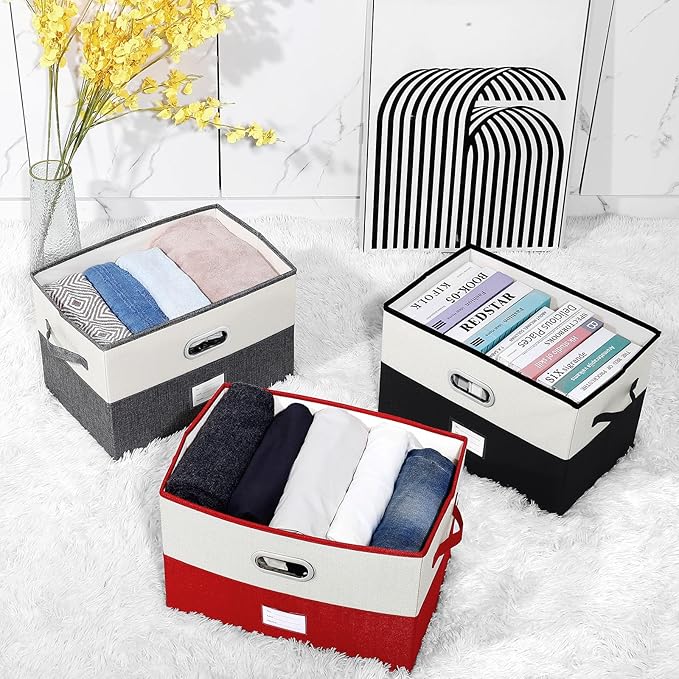 Large Linen Fabric Foldable Storage Bins with Removable Lid and Handles, Washable Storage Box Organizer Containers Baskets Cube with Cover for Bedroom,Office(Red&Cream, Large(2-Pack))-NeatNest