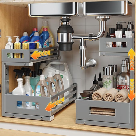2-Pack Under Sink Organizers and Storage,2-Tier L Shape Pull Out Cabinet Organizer With Round Tube Slide Rails,Hight Adjustable Slide Out Drawers for Kitchen&Bathroom,Multi-Purpose Storage Shelf-Gray-NeatNest