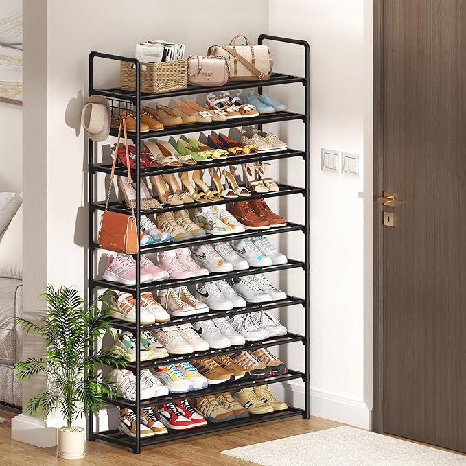10-Tier Shoe Organizer - Large Metal Shoe Rack with Hooks, Fits 40-50 Pairs, Ideal for Closet, Entryway, Garage, Bedroom-NeatNest