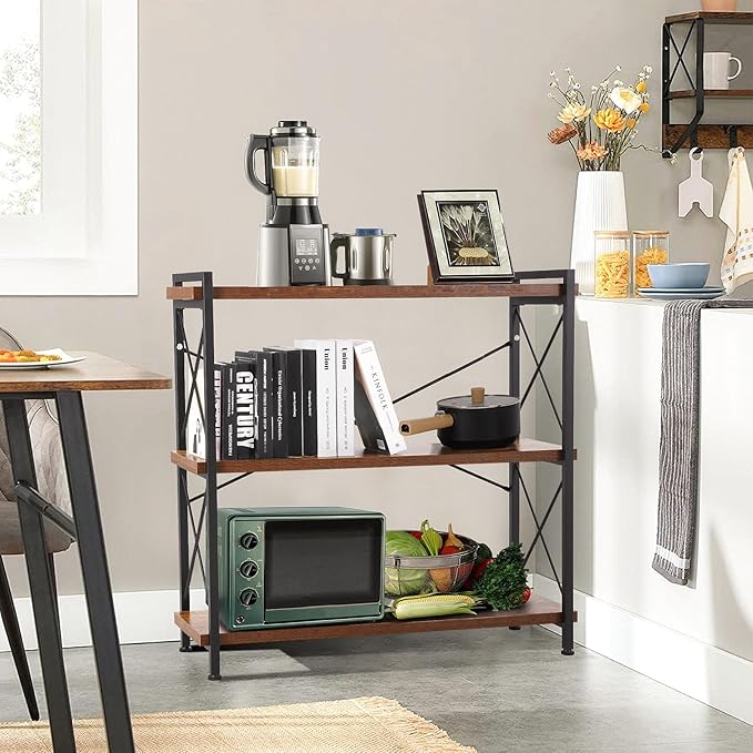 3 Tier Bookshelf, Open 3 Shelf Short Bookcase, Rustic Shelves with Metal Frame, Industrial Book Shelf for Bedroom Home Office Living Room, Rustic Brown