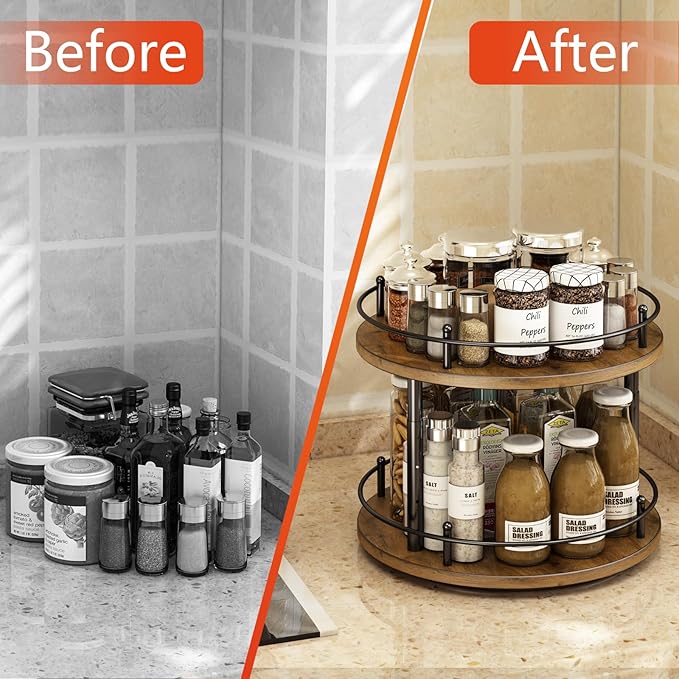 2 Tier Lazy Susan Organizer,2-Tier Spinning Spice Rack with Stable Carousel Base & 4 Height Settings for Cupboard Kitchen Countertop Dining Table Cupboard (Two-Ply(Round))
