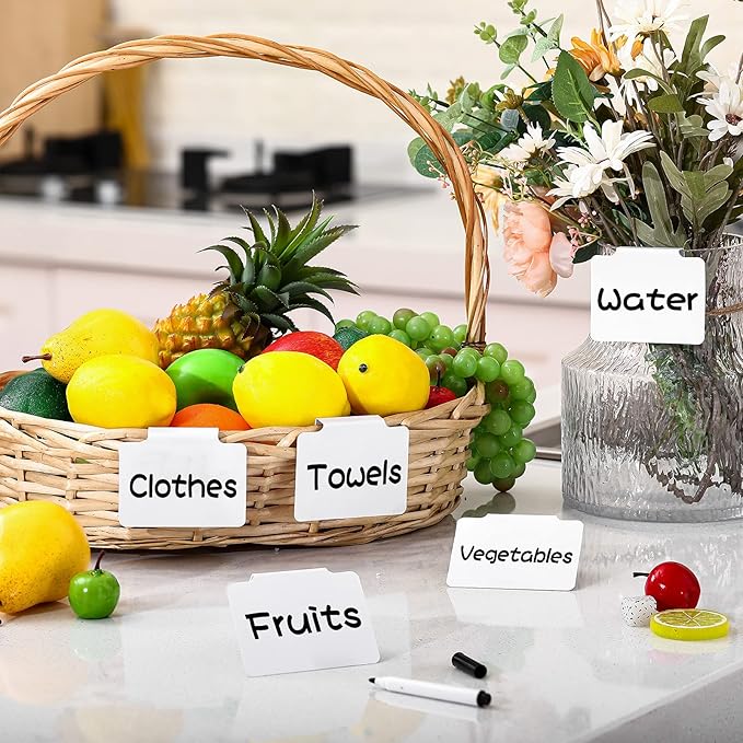 18 Pcs White Basket Labels Clip on Removable Hanging Label Holder with Chalk Markers for Storage Bin Basket Box Kitchen Pantry