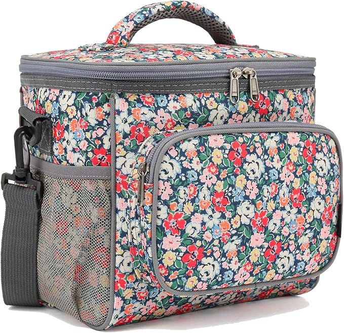 FlowFly Insulated Reusable Lunch Bag Adult Large Lunch Box for Women and Men with Adjustable Shoulder Strap,Front Zipper Pocket and Dual Large Mesh Side Pockets,Floral-NeatNest