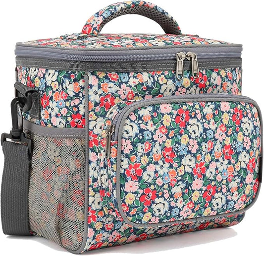 FlowFly Insulated Reusable Lunch Bag Adult Large Lunch Box for Women and Men with Adjustable Shoulder Strap,Front Zipper Pocket and Dual Large Mesh Side Pockets,Floral-NeatNest