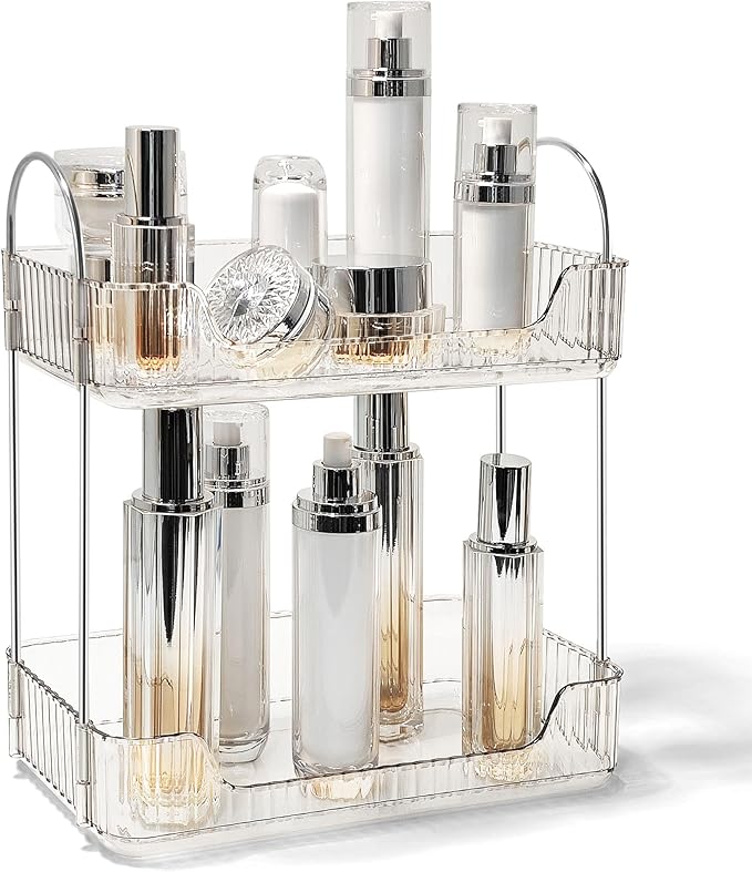 Bathroom Counter Organizer Countertop Storage Skincare Countertop Makeup Organizer Cosmetics Skincare Organizers Holder for Perfume-Clear white-silver pole-NeatNest