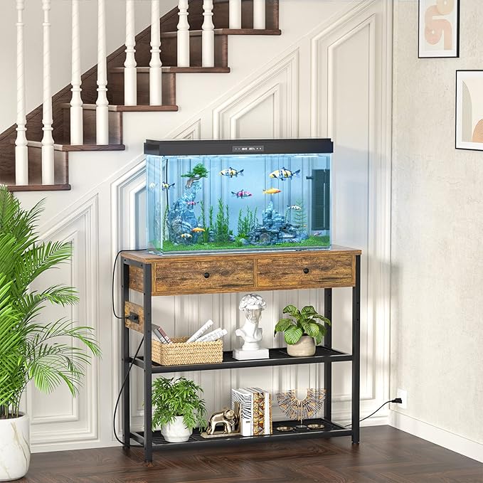 Ecoprsio Entryway Table with Outlets and USB Ports, Console Table with 2 Drawers, Small Sofa Table with Storage Shelves for Living Room, Couch, Hallway, Foyer, Kitchen Counter, 32'', Rustic-NeatNest