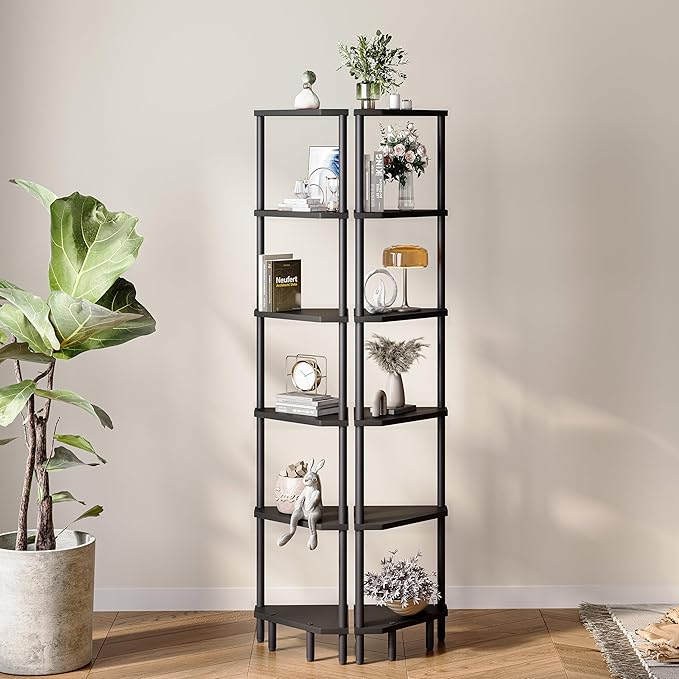 6 Tier Corner Shelf, 66.5'' Tall Standing Shelf, Narrow Display Shelf Stand, Modern Corner Bookshelf, Plant Stand, Corner Bookcase for Living Room, Bedroom, Bathroom, Black LCS502B-NeatNest