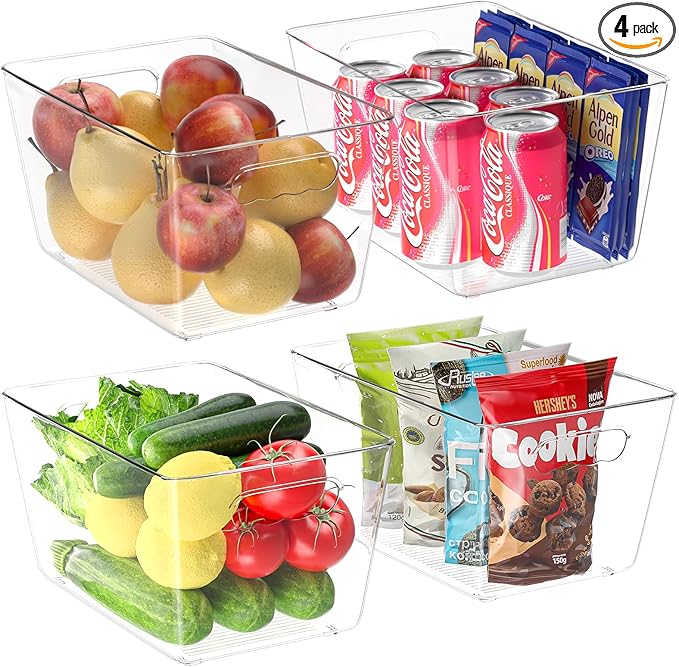 BALEINE Clear Plastic Storage Bins, Pantry Organization, BPA Free Stackable Refrigerator Organizers and Storage with Handles for Kitchen Fridge Cabinet Bathroom (4PK, 11x7.5x6)-NeatNest