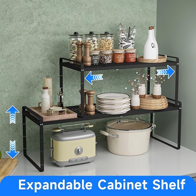 Expandable Cabinet Shelf Organizers, Kitchen Small Stand Rack Organization for Countertop Cupborad Pantry, Black 3 Pack-NeatNest