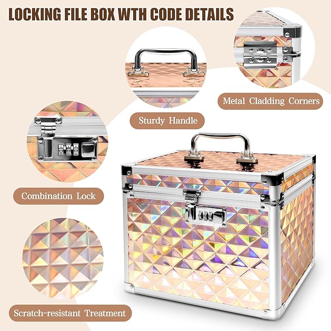Medication Combination Lock Boxes with Code for Personal Items, Medicine Lockbox for Documents 10 x 7.25 x 7.75 Inches Plaid Gold