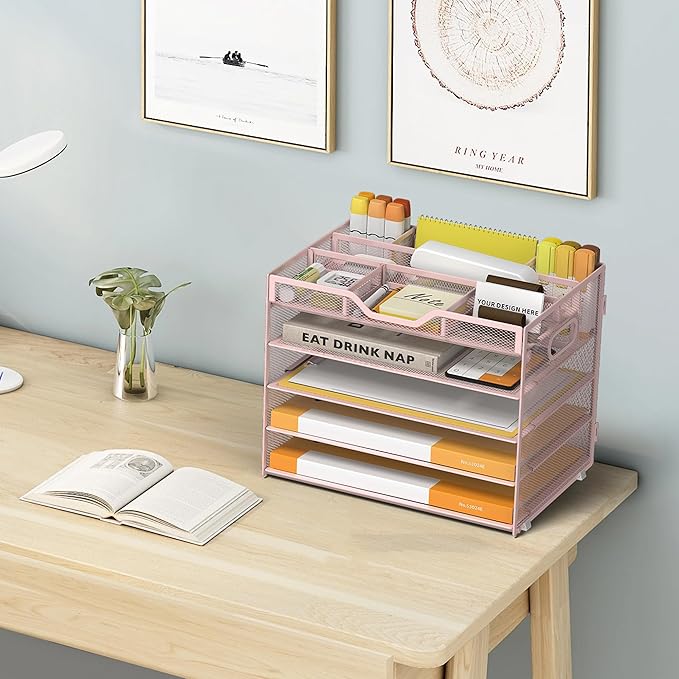 5 Tier Paper Letter Tray with 3 Drop-in Pen Holders, Mesh Desk File Organizer with Handle, Desk Organizers and Accessories for School,Home, Office Supplies Storage-Pink-NeatNest