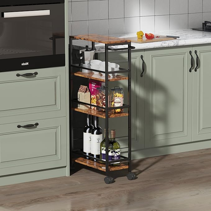 Slim Rolling Cart, 4-Tier Kitchen Storage Rolling Cart, Narrow Cart with Handle,Mobile Utility Cart for small Space, Shelving Unit for Kitchen,Dining Room,Living Room,Home Office,Laundry Room