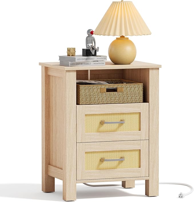 JUMMICO 26.18" End Table with Charging Station and Rattan Drawers, Farmhouse Nighstand, Wooden Storage Bedside Table, Living Room, Bedroom(1, Light Oak)