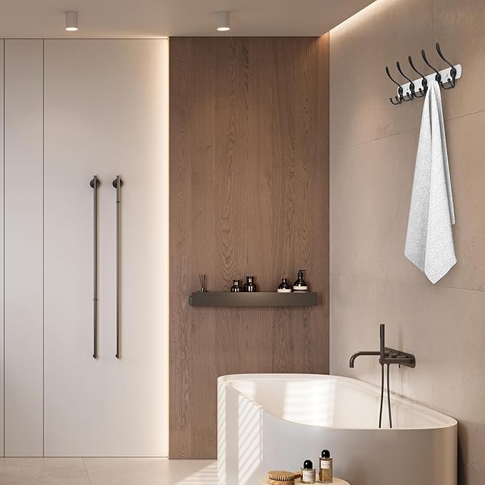 Coat Rack Wall Mount with 5 Tri Hooks, Stainless Steel 16 Inch – White & Black Matte Finish, Heavy Duty Wall Mounted Hook Rack for Coats, Hats, Towels, Scarves, Robes, Bags, Entryway & Bathroom-NeatNest