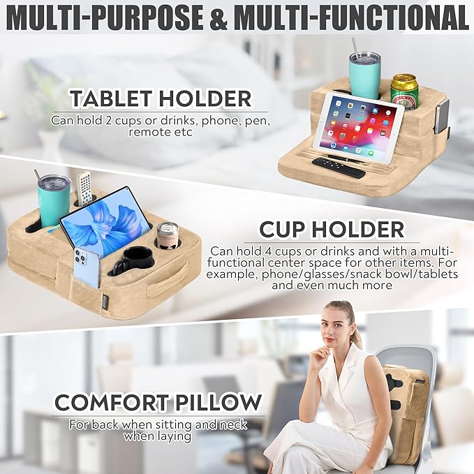 Couch Cup Holder Tray Pillow - Bed, Couch Caddy, Sofa, RV & Car - Holds Drinks, Snacks, Remotes, Phones, Kindle, Tablet | Bed Cup Holder (Beige)-NeatNest