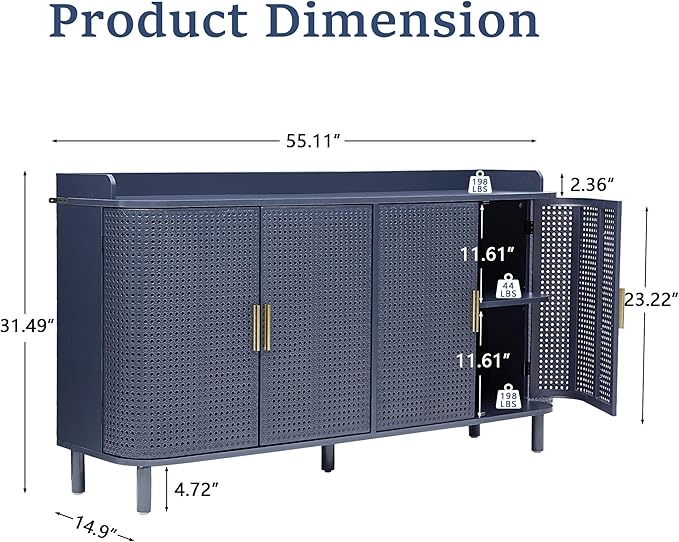 4 Doors Storage Cabinet, 2 Tier Wooden Storage Organizer Cabinet with Adjustable Shelf, Sideboard Buffet Cabinets with Iron Curved Doors Accent Shoe Rack for Entryway Hallway Living Room (Blue)-NeatNest