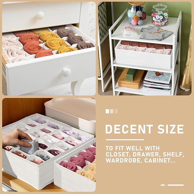 Criusia 3 Pack Sock Underwear Drawer Organizer Dividers, 64 Cell Fabric Foldable Cabinet Closet Organizers and Storage Boxes for Storing Socks, Panties, Ties (16+24+24 Cell, White)-NeatNest