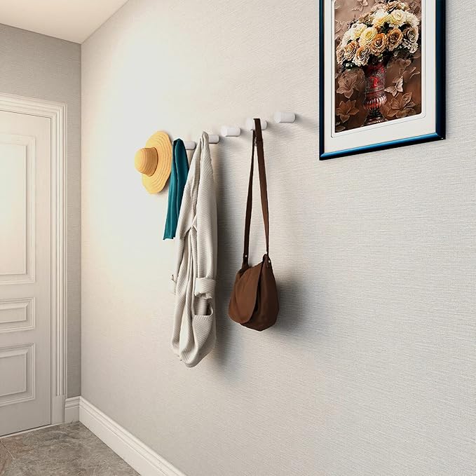12 Pack Wood Wall Hooks, Modern Decorative Coat Hooks Wall Mounted, Handmade White Hat Hooks Heavy Duty Entryway Wall Hangers for Hanging Towels Robes Purses (White)-NeatNest