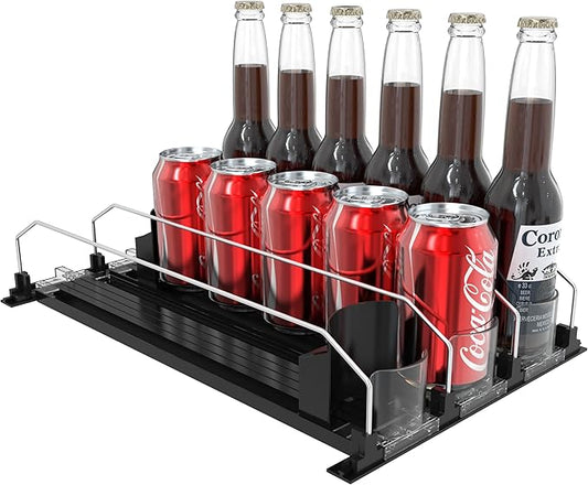 3 Rows Drink Organizer for Fridge, 15'' Soda Can Dispenser for Refrigerator with Pusher Glide, Width Adjustable Fridge Can Organization Hold Up to 25 Cans (Black)